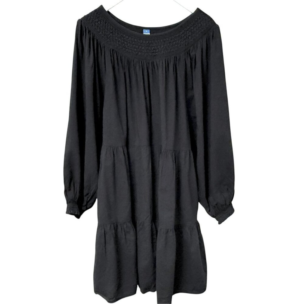 Old Navy Black Tiered Peasant Dress XL Smocked Cotton Blend Pockets Knee Length
